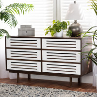 Baxton Studio LV14COD14232WI-Columbia/White-6DW-Dresser Meike Mid-Century Modern Two-Tone Walnut Brown and White Finished Wood 6-Drawer Dresser